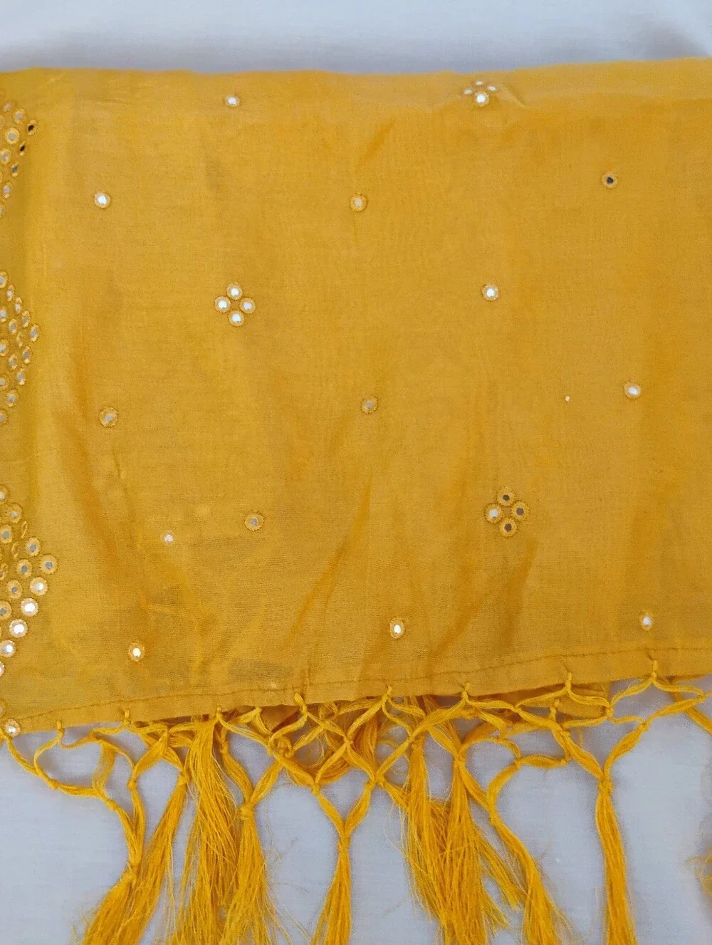 Yellow Embroidered Cotton Women Dupatra With Mirror Embellishments